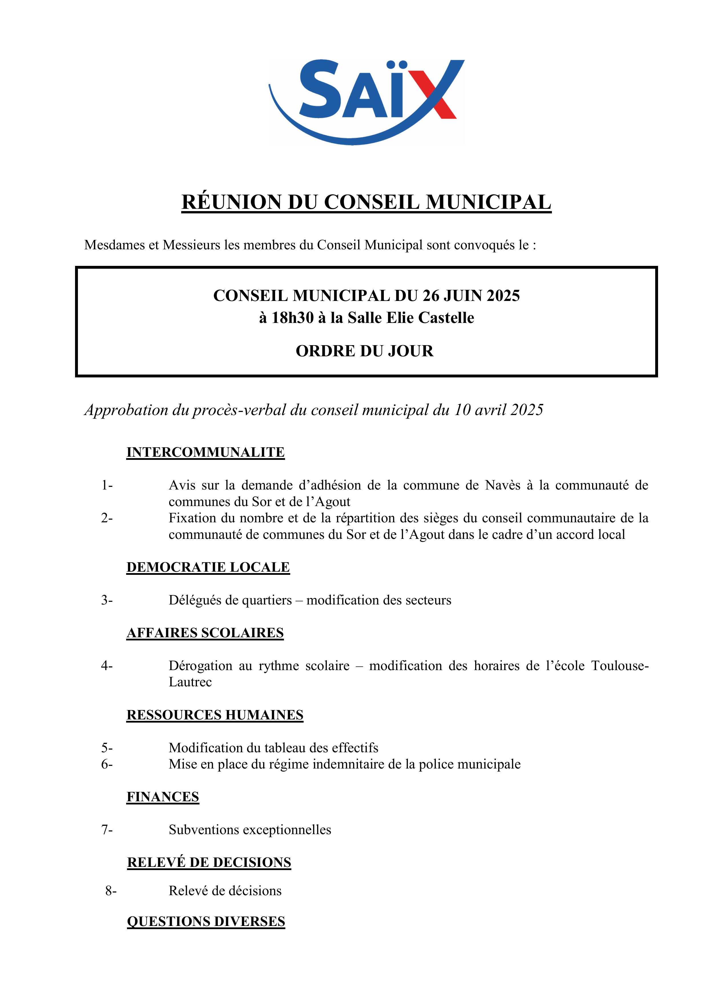 ORDRE DU JOUR CONSEIL MUNICIPAL